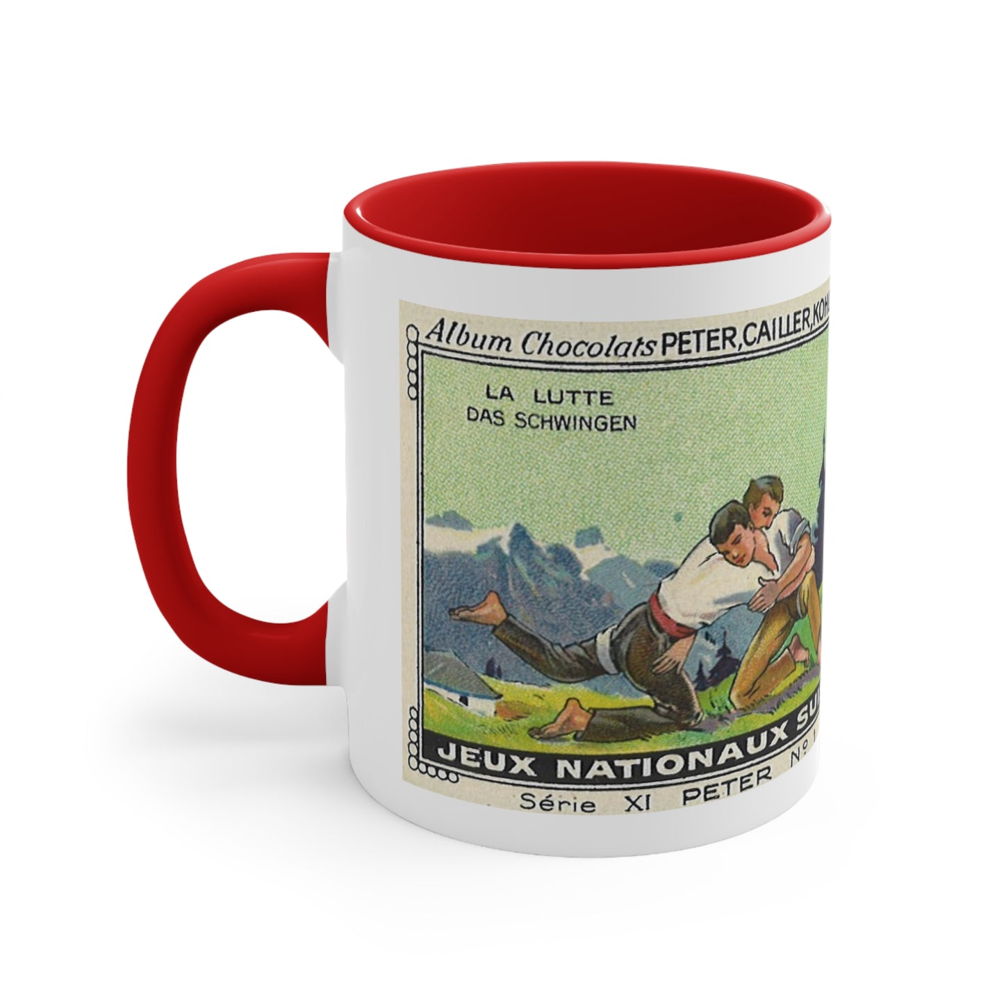 Swiss Traditional "Schwingen" | Vintage Swiss Wrestling Scene in the Alps Mug (Red-White)