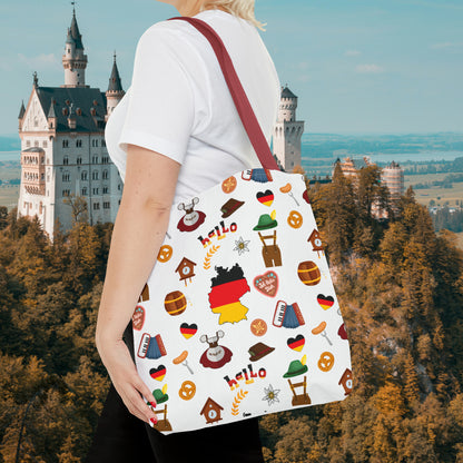 Authentic German Charm Tote: Flag, Traditional Attire, Pretzels, Sausages & More! Ideal for Wanderlust Souls (AOP)