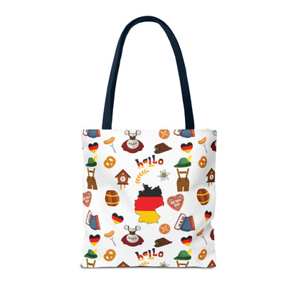 Authentic German Charm Tote: Flag, Traditional Attire, Pretzels, Sausages & More! Ideal for Wanderlust Souls (AOP)