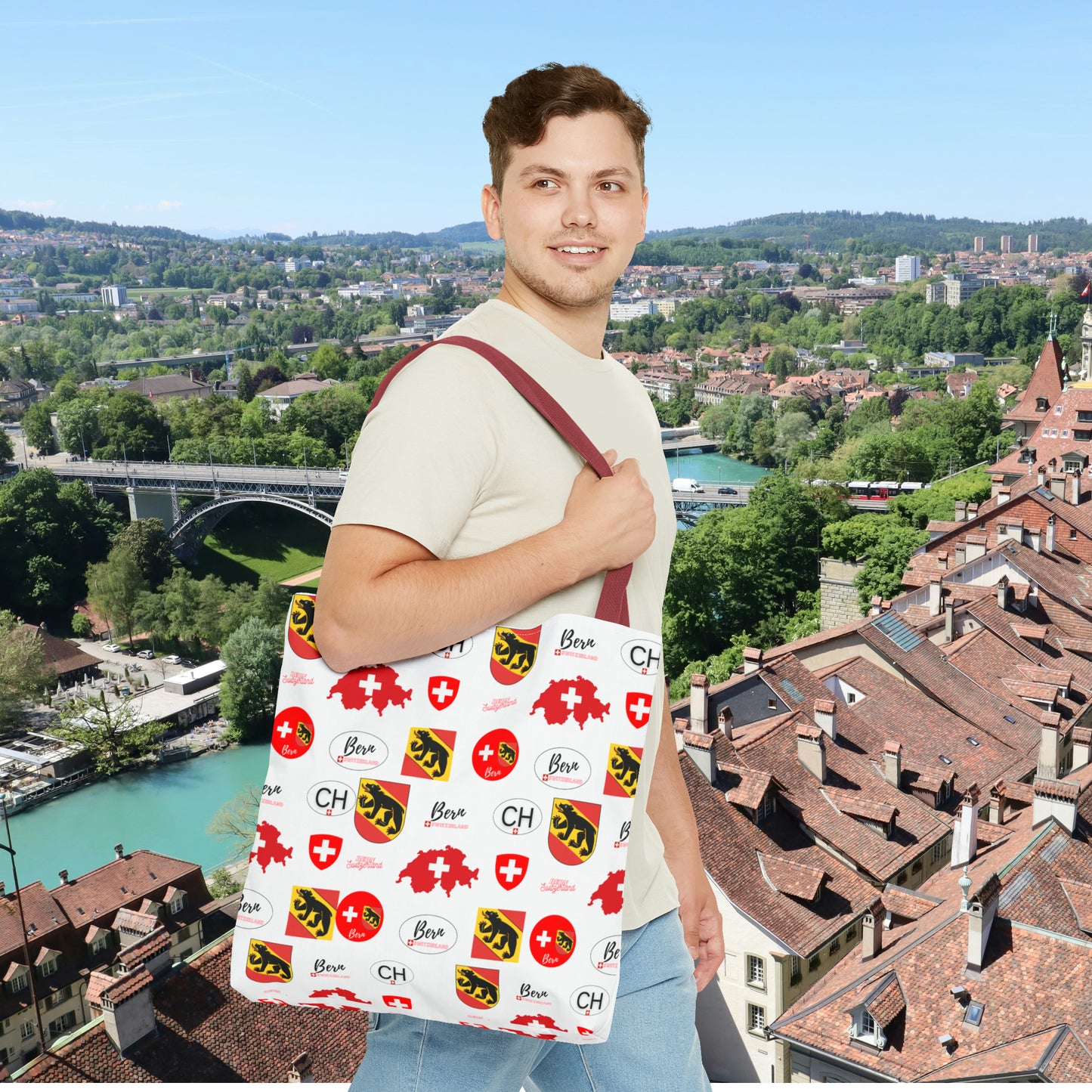 Bern Beauty All Over Tote: Swiss Flag, Coat of Arms & Map Pattern