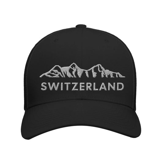 Black Switzerland hat with detailed Swiss Alps embroidery, adjustable for all sizes, ideal for a Swiss souvenir or gift.