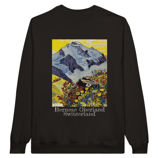 Vintage travel poster sweatshirt featuring alpine flora, mountain train, and Swiss Alps design