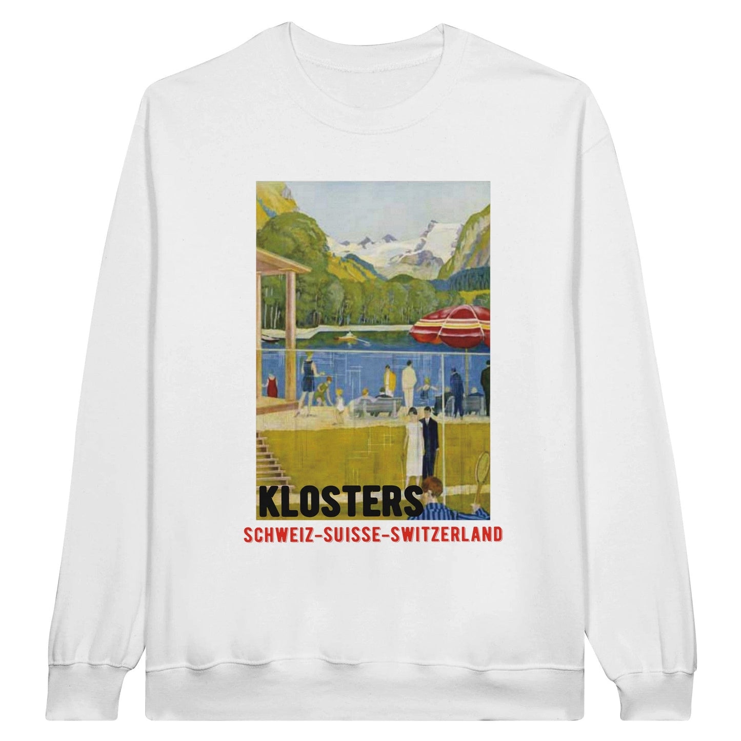 Vintage travel poster sweatshirt featuring mountain lake and Swiss Alps design.