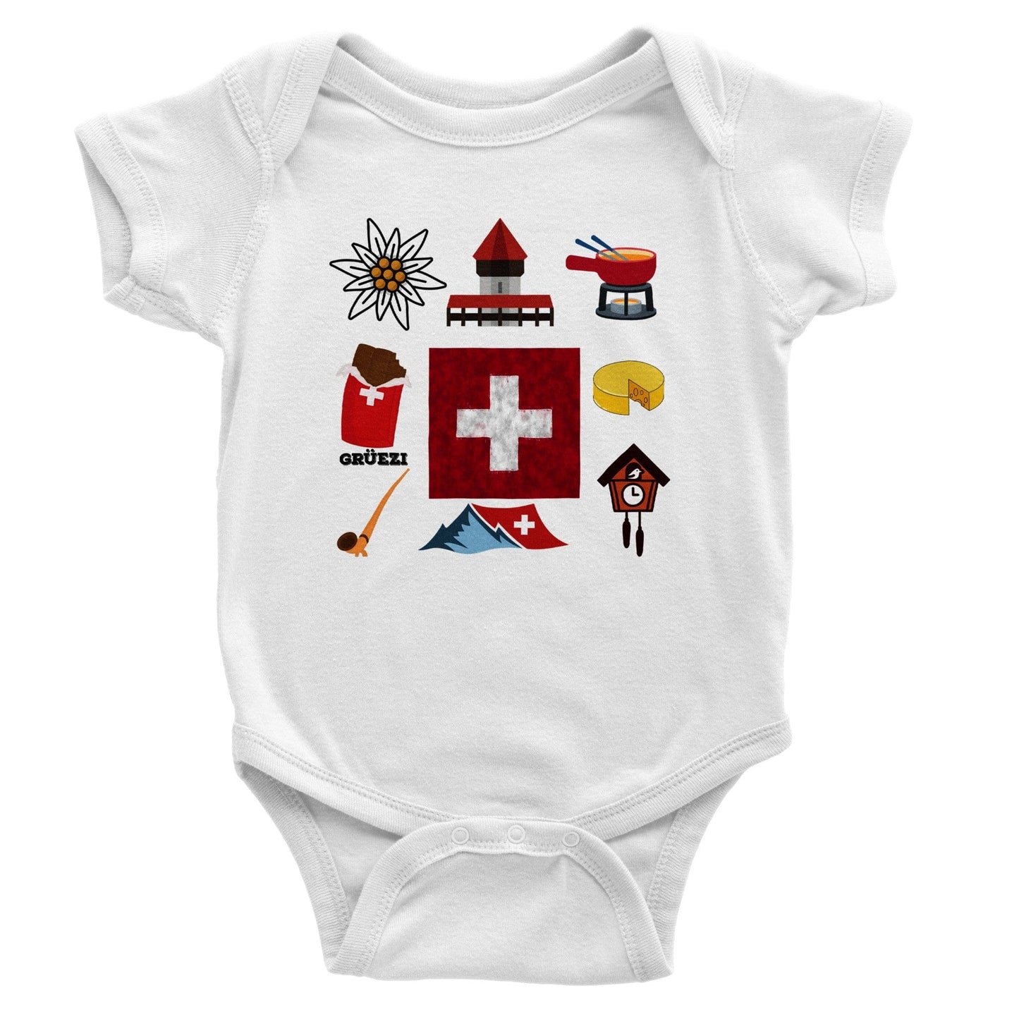 Swiss Culture Baby Bodysuit | Swiss Flag, Fondue, Edelweiss, Chocolate, Alphorn