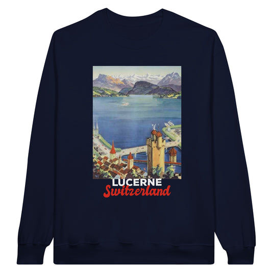 Lucerne, Switzerland Vintage Travel Sweatshirt featuring retro travel poster of Lake Lucerne and chapel bridge