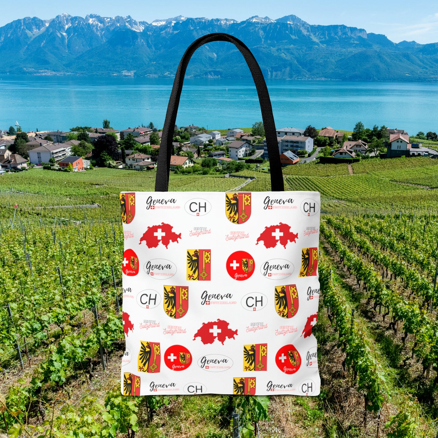 Swiss Splendor Tote: Geneva Coat of Arms, Flag, and Map Pattern