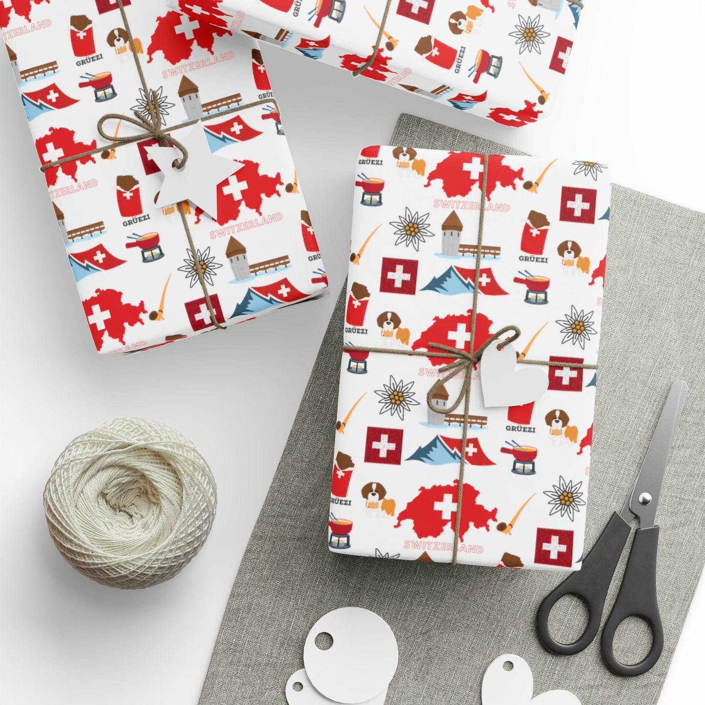 Swiss Travel and Culture Wrapping Paper - Swiss Map, Matterhorn, Edelweiss, Fondue, Chapel Bridge