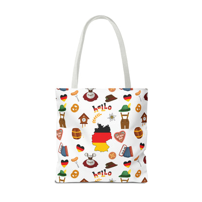 Authentic German Charm Tote: Flag, Traditional Attire, Pretzels, Sausages & More! Ideal for Wanderlust Souls (AOP)