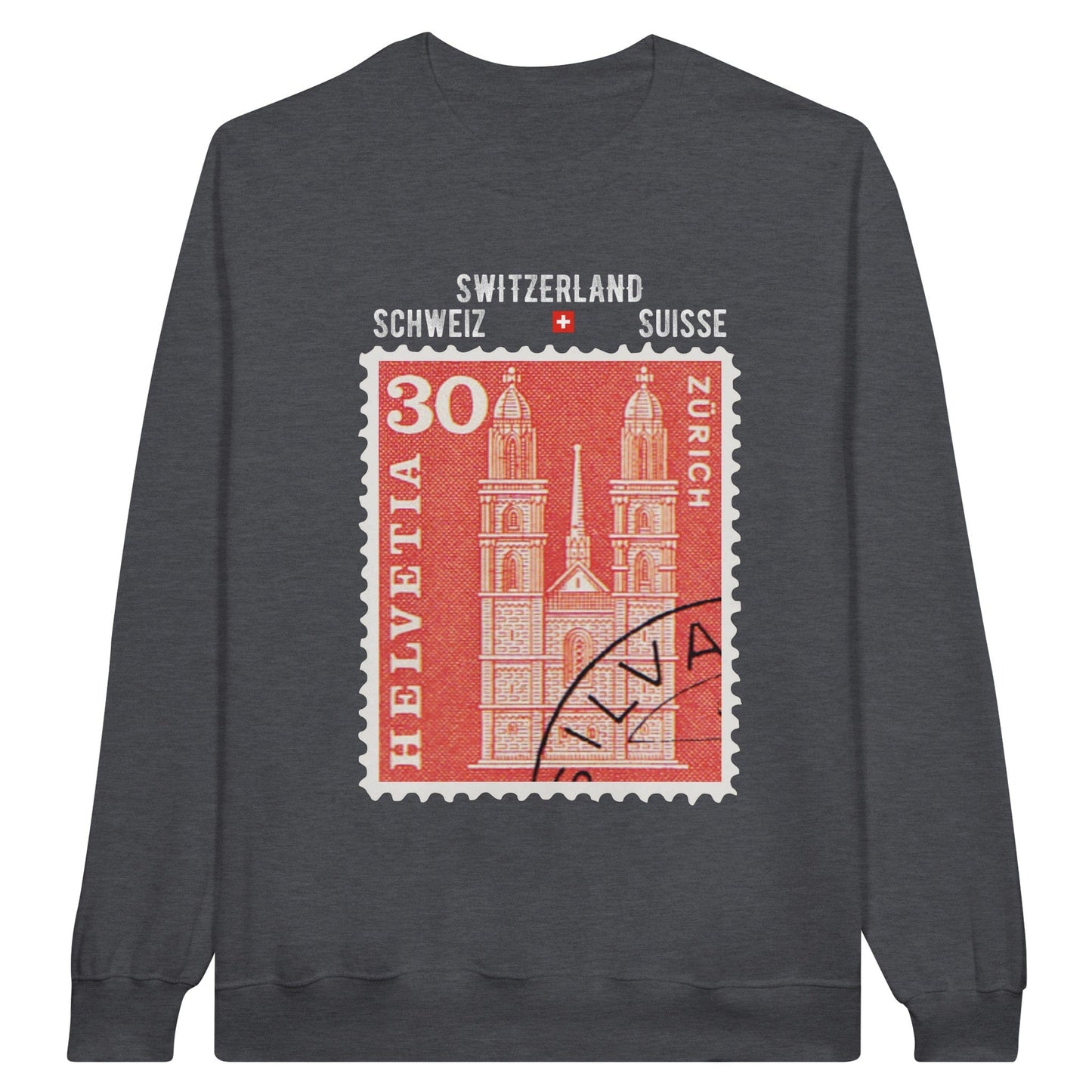 Zürich Vintage Stamp Sweatshirt featuring the iconic Grossmünster - Limited Edition Swiss Urban Chic