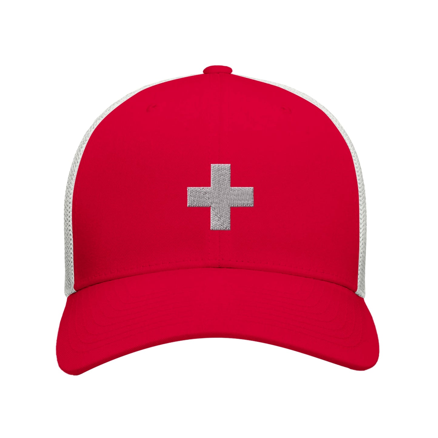 Stylish Red / White Cap Featuring Swiss Cross Design Embroidered 