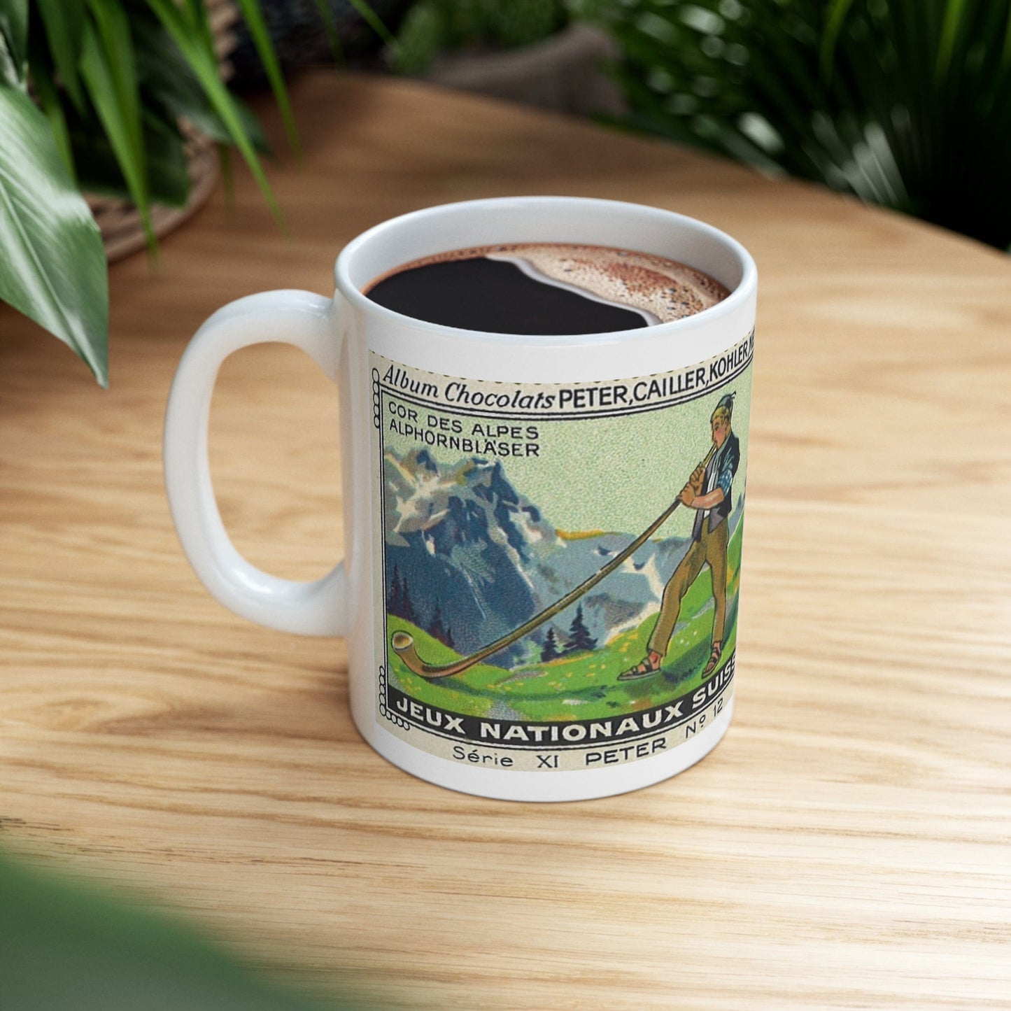 Swiss Alphorn Player Scene in the Alps  | Immerse Yourself in Alpine Melodies with Our Vintage Painting Mug