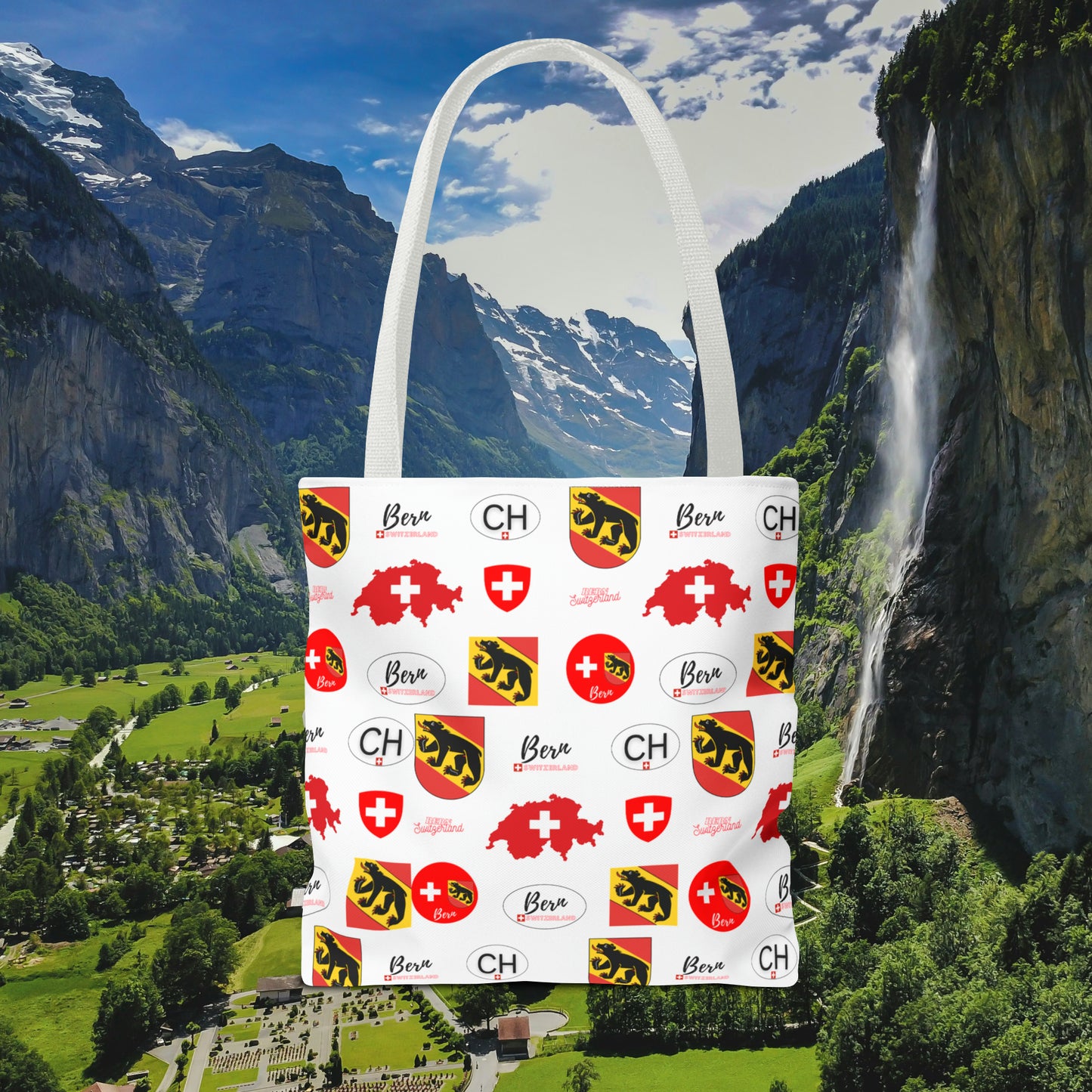 Bern Beauty All Over Tote: Swiss Flag, Coat of Arms & Map Pattern