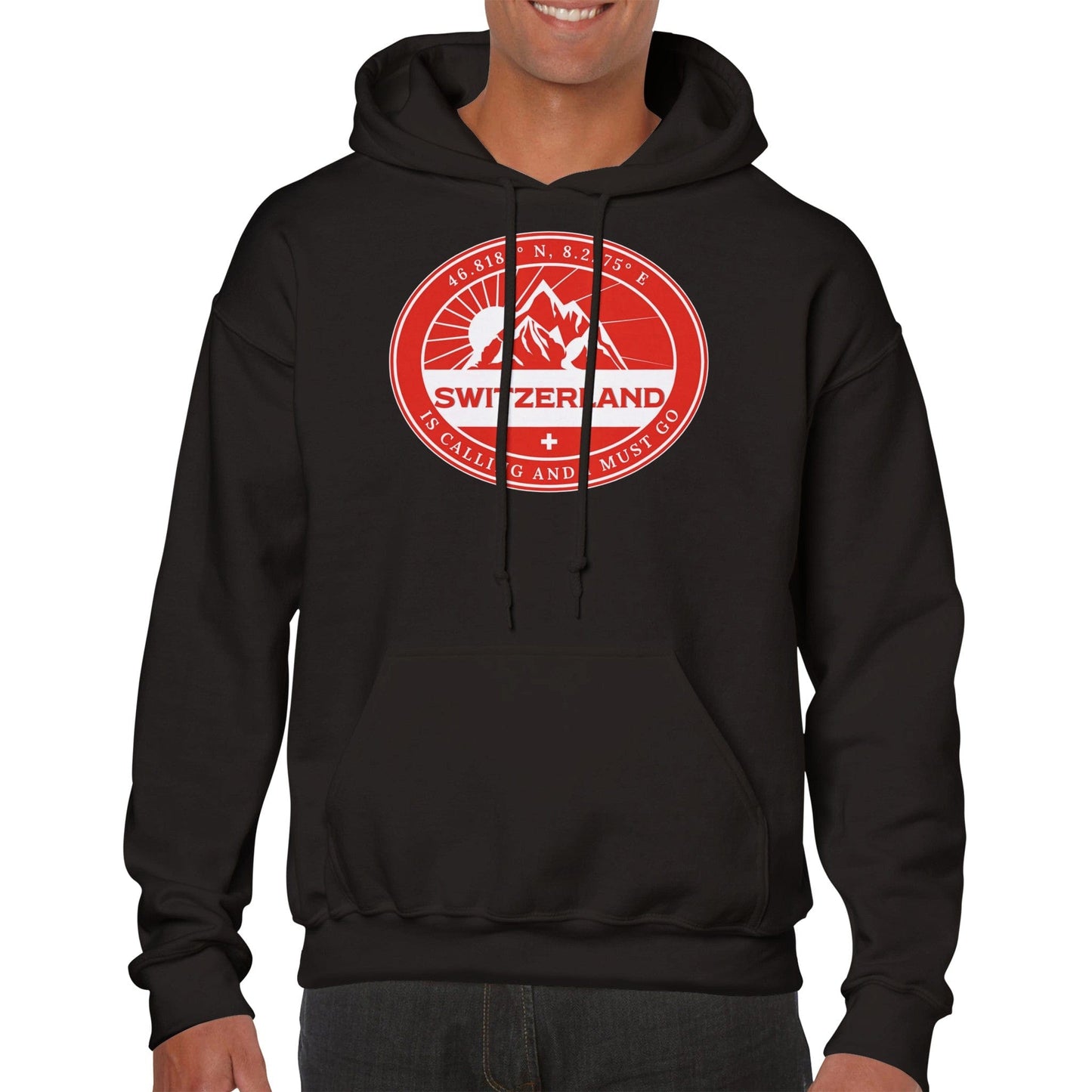 Switzerland is Calling and I Must Go | Outdoor Seal with Coordinates Hoodie: Mountain Graphic on Oval Shape