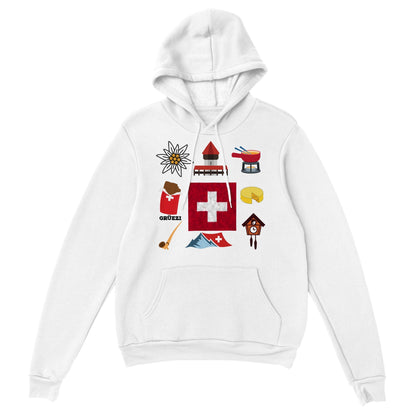 Swiss Culture Icons Pullover Hoodie | Swiss Flag, Fondue, Chocolate Souvenirs