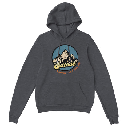 Embrace Swiss Serenity: Retro Minimalistic Mountain 'Suisse - Schweiz - Switzerland' Hoodie