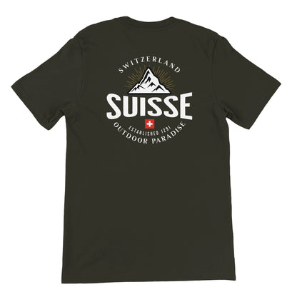 Swiss-themed t-shirt with detailed Swiss Alps graphic on the back and on the front pocket.