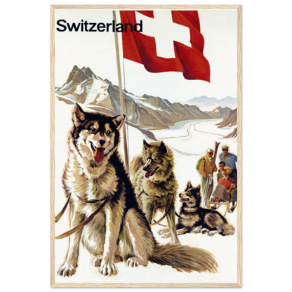 Jungfraujoch, Switzerland Vintage Travel Poster | Husky Sled Adventure Wooden Framed Poster | 60x90 cm / 24x36″