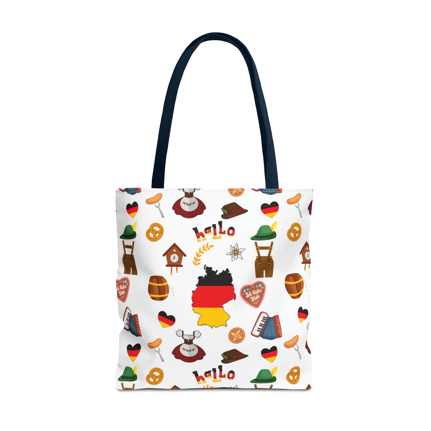 Authentic German Charm Tote: Flag, Traditional Attire, Pretzels, Sausages & More! Ideal for Wanderlust Souls (AOP)