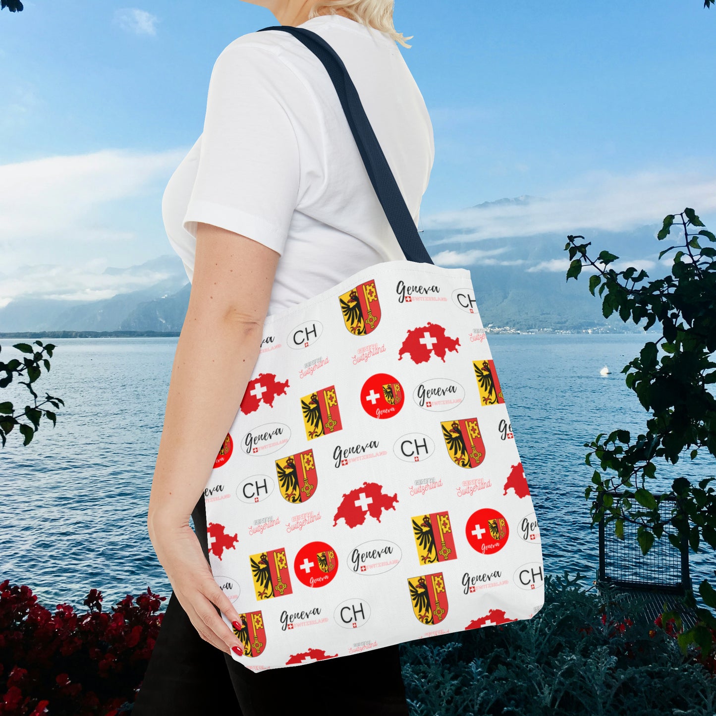 Swiss Splendor Tote: Geneva Coat of Arms, Flag, and Map Pattern