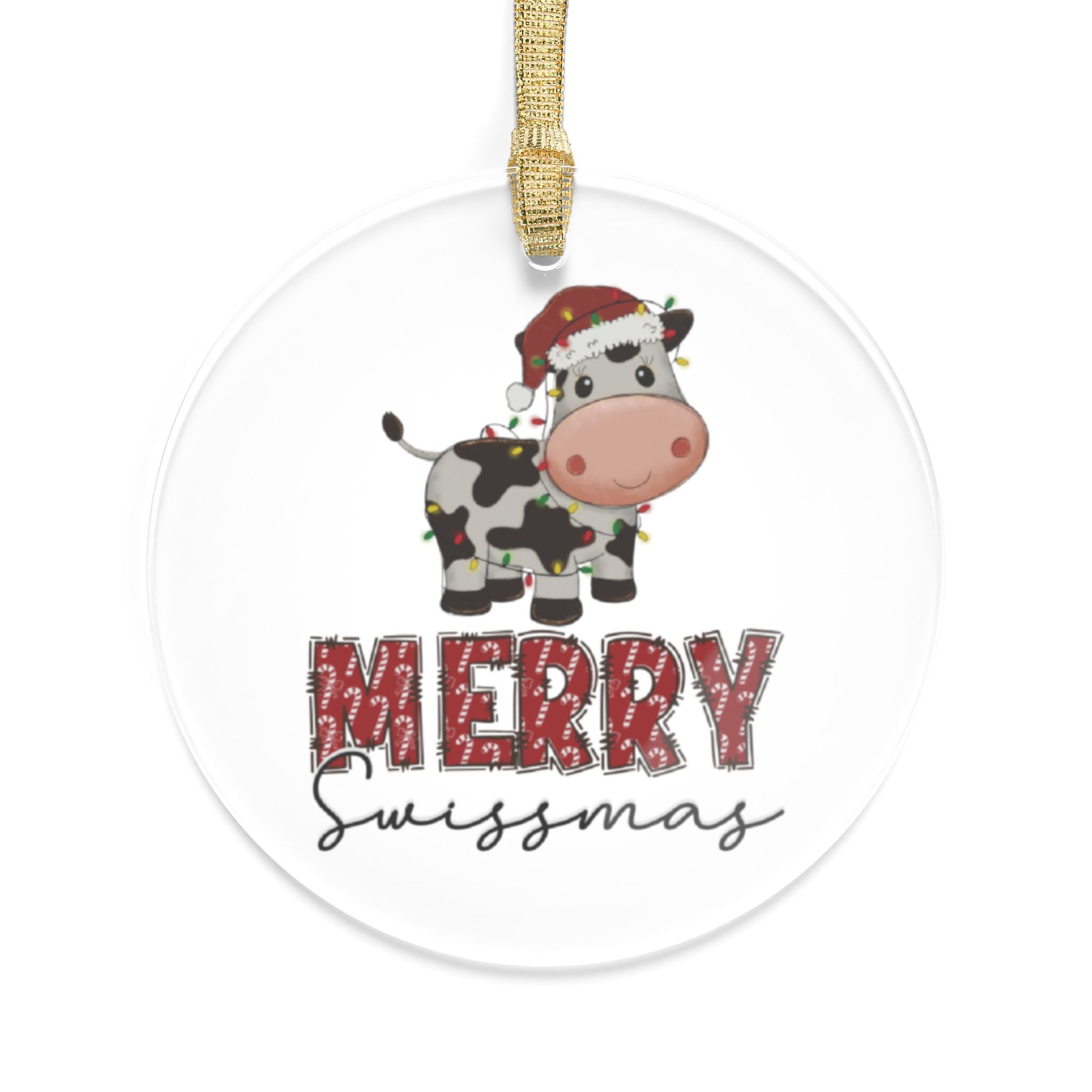 Happy Swiss cow Christmas ornament with Merry Swissmas design for holiday decor