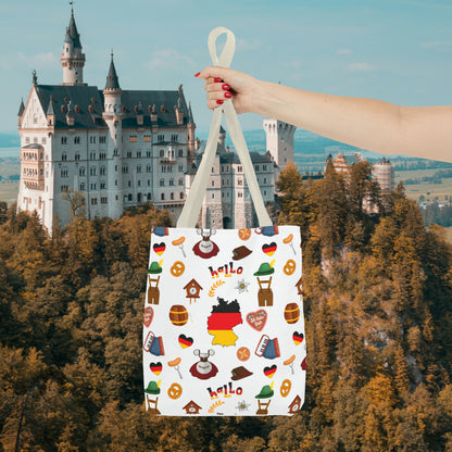 Authentic German Charm Tote: Flag, Traditional Attire, Pretzels, Sausages & More! Ideal for Wanderlust Souls (AOP)