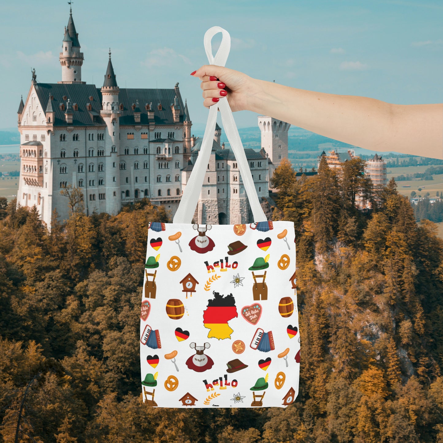 Authentic German Charm Tote: Flag, Traditional Attire, Pretzels, Sausages & More! Ideal for Wanderlust Souls (AOP)