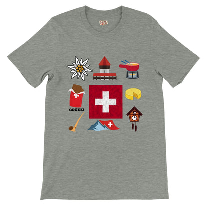 Swiss Travel Charming Icons | Edelweiss, Chocolate, Fondue & More Premium Unisex T-shirt