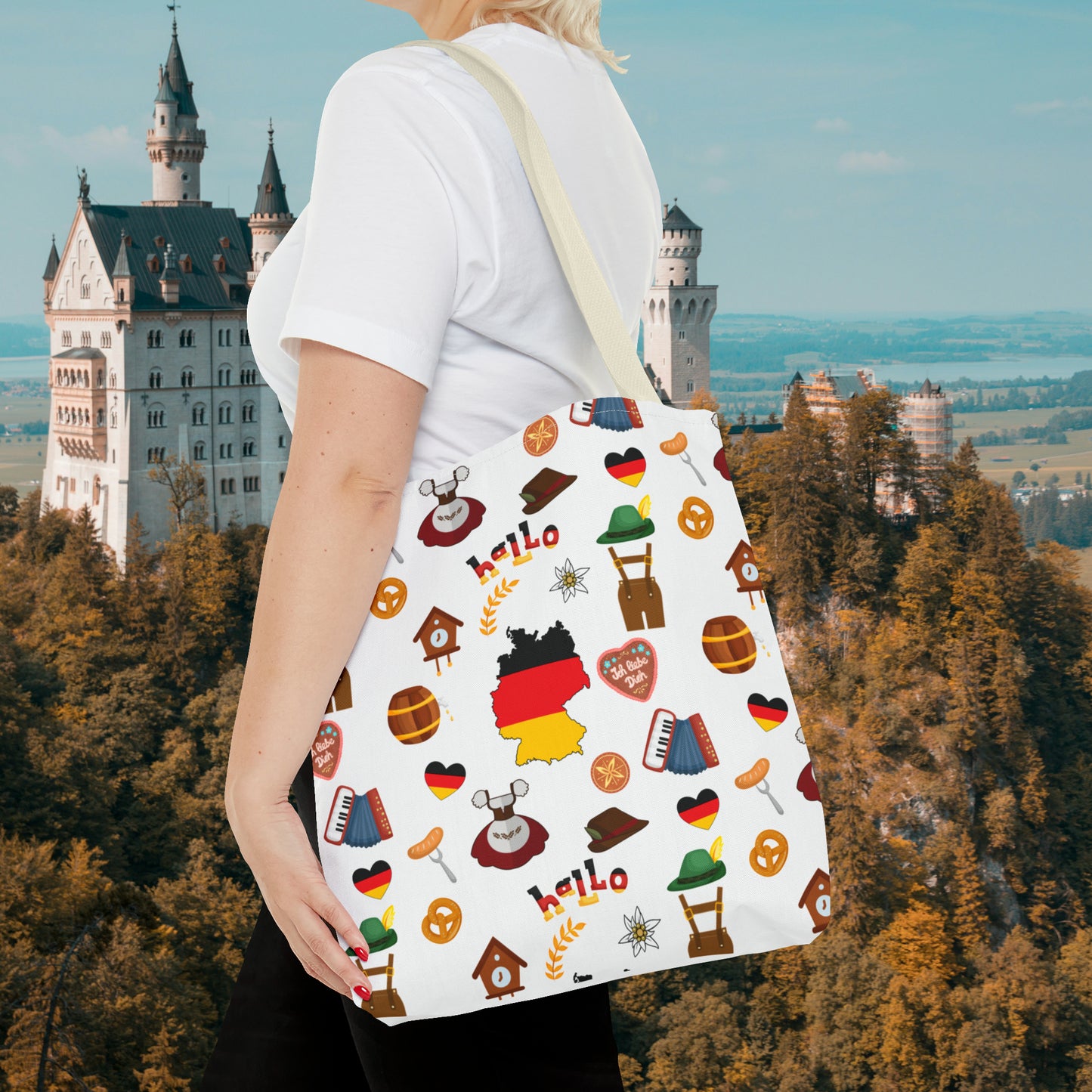 Authentic German Charm Tote: Flag, Traditional Attire, Pretzels, Sausages & More! Ideal for Wanderlust Souls (AOP)