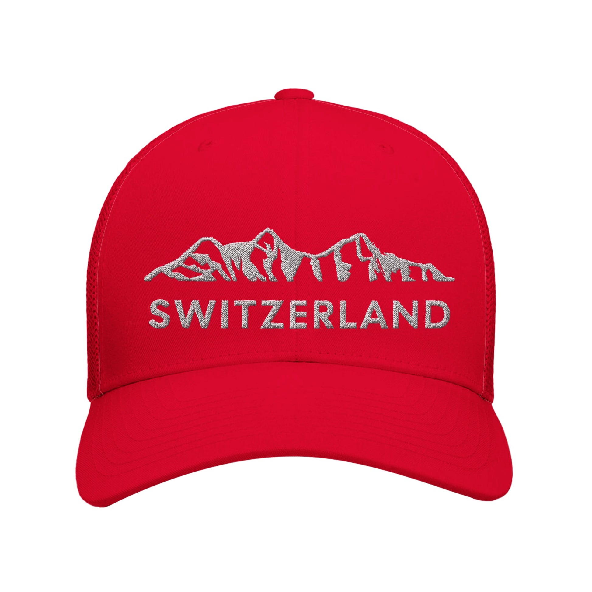 Embroidered Switzerland cap featuring the iconic Swiss Alps design, perfect for travelers and outdoor enthusiasts