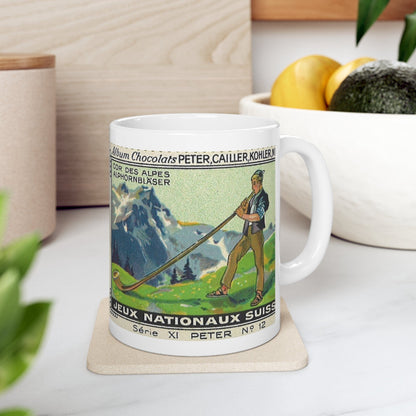 Swiss Alphorn Player Scene in the Alps  | Immerse Yourself in Alpine Melodies with Our Vintage Painting Mug