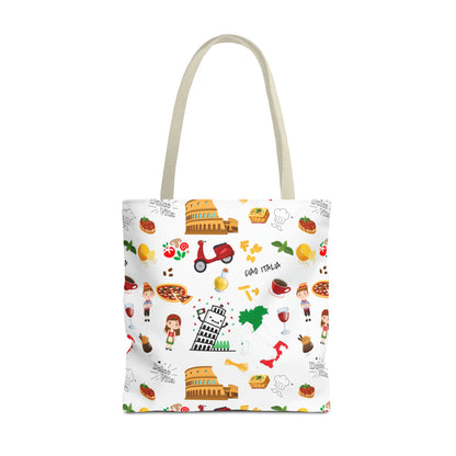 Italian Icons Tote Bag: Pizza, Coliseum, Coffee & More! Explore Italy's Charm in Style AOP