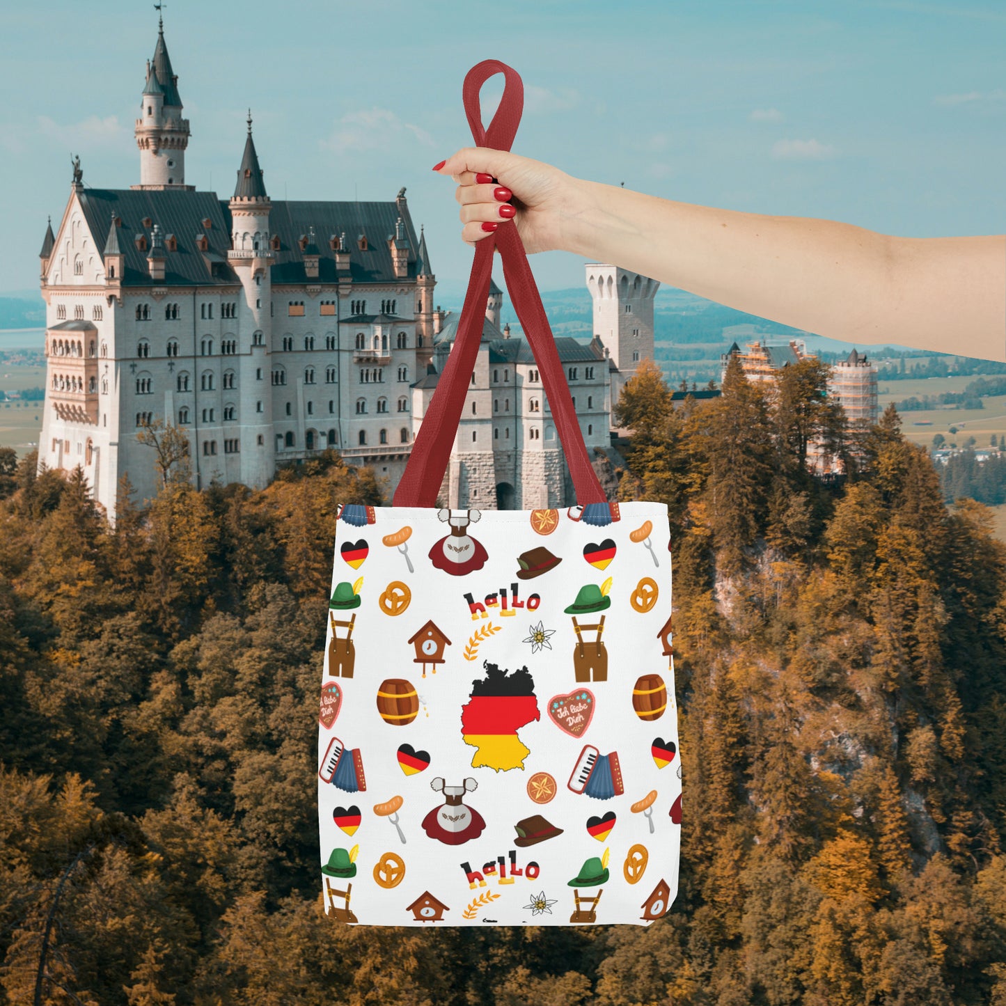 Authentic German Charm Tote: Flag, Traditional Attire, Pretzels, Sausages & More! Ideal for Wanderlust Souls (AOP)