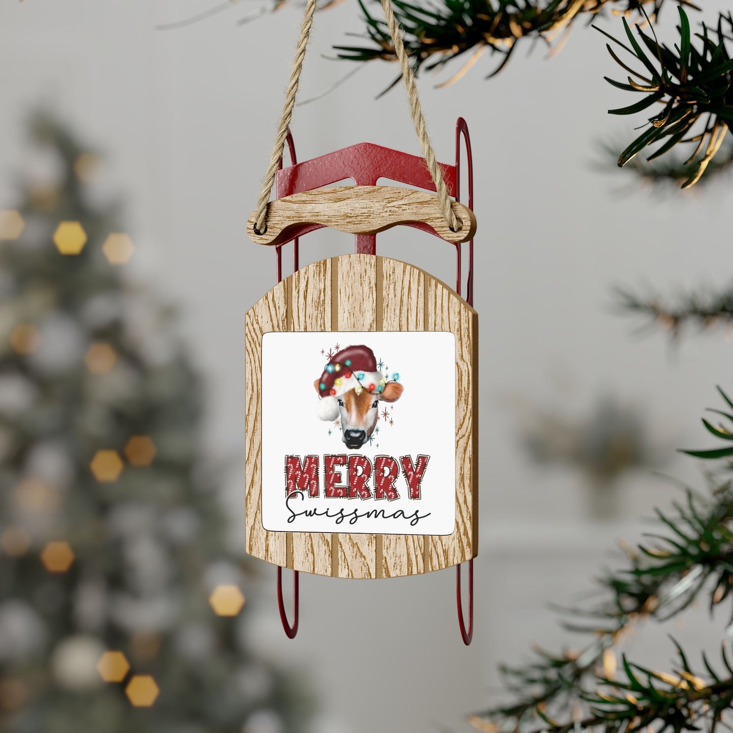 🎄 "Merry Swissmas" Wooden Sled Ornament - Rustic Swiss Christmas Decoration with Festive Cow Design 🇨🇭