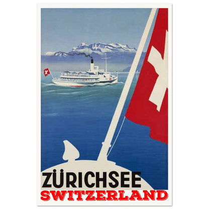 Vintage Boat on Lake Zurich with Majestic Alps Backdrop | Museum-Quality Poster | 60x90 cm / 24x36″