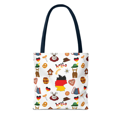 Authentic German Charm Tote: Flag, Traditional Attire, Pretzels, Sausages & More! Ideal for Wanderlust Souls (AOP)