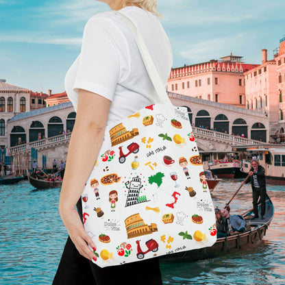 Italian Icons Tote Bag: Pizza, Coliseum, Coffee & More! Explore Italy's Charm in Style AOP