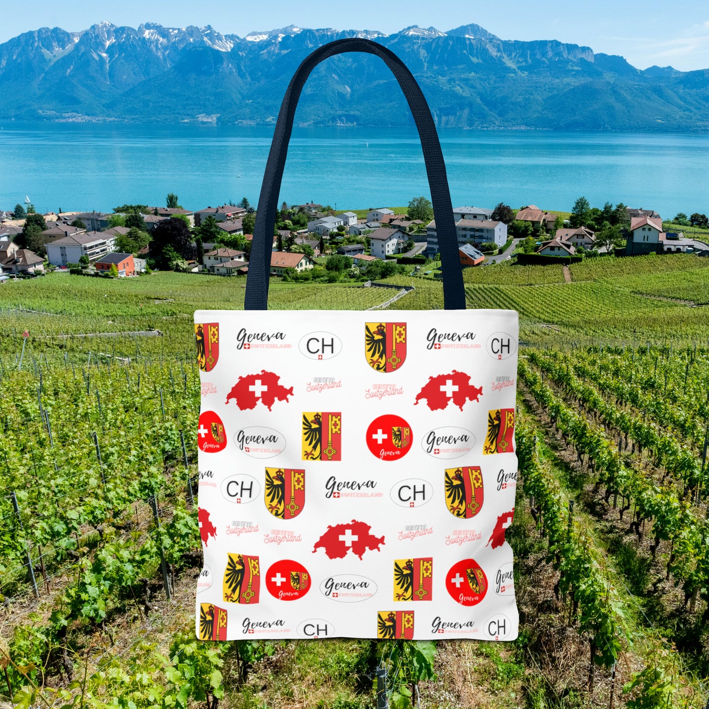 Swiss Splendor Tote: Geneva Coat of Arms, Flag, and Map Pattern