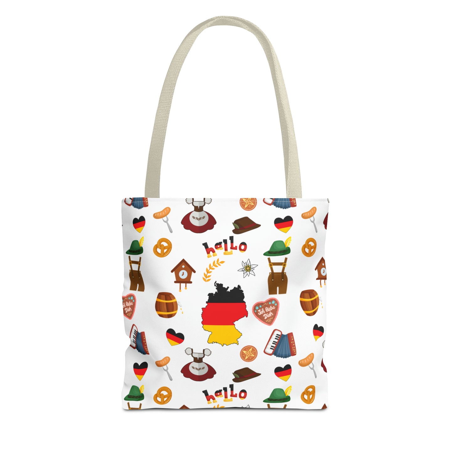 Authentic German Charm Tote: Flag, Traditional Attire, Pretzels, Sausages & More! Ideal for Wanderlust Souls (AOP)