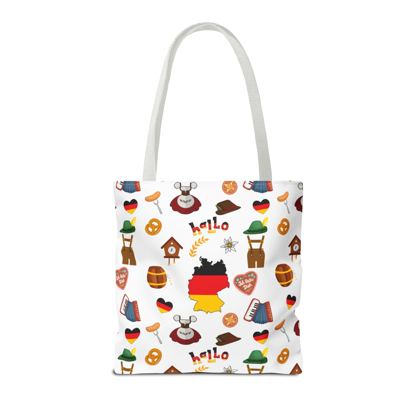 Authentic German Charm Tote: Flag, Traditional Attire, Pretzels, Sausages & More! Ideal for Wanderlust Souls (AOP)