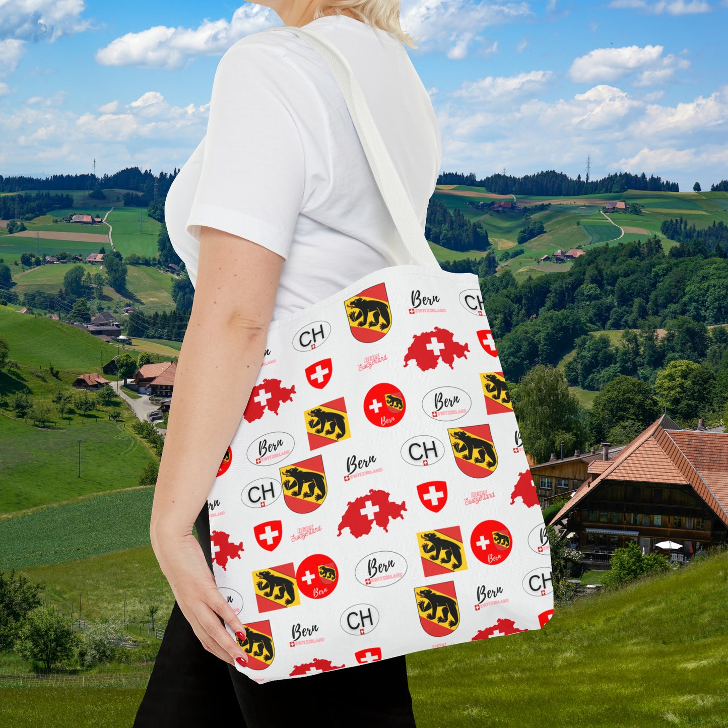 Bern Beauty All Over Tote: Swiss Flag, Coat of Arms & Map Pattern