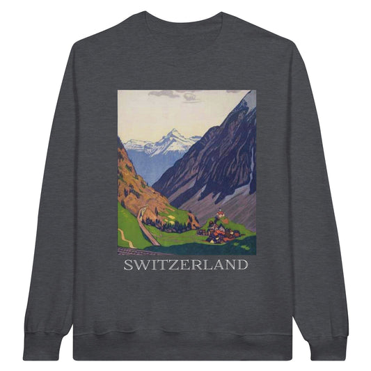 Vintage travel poster sweatshirt featuring a Swiss mountain pass scene with an alpine village and the Swiss Alps in the background