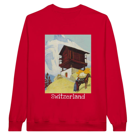 Switzerland Vintage Travel Sweatshirt featuring a vintage travel poster of a Swiss chalet in the Alps