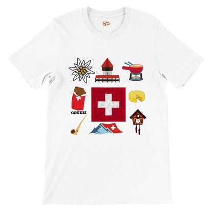 Swiss Travel Charming Icons | Edelweiss, Chocolate, Fondue & More Premium Unisex T-shirt