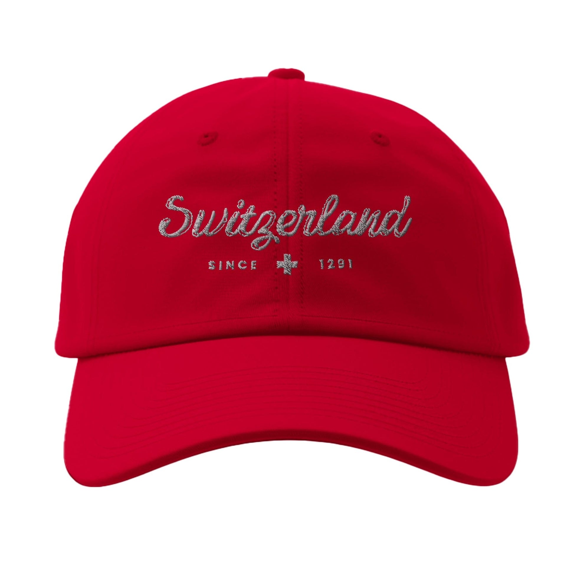 Stylish red hat with detailed white embroidery of ‘Switzerland since 1291’ and the Swiss cross, ideal for showcasing Swiss pride on adventures.