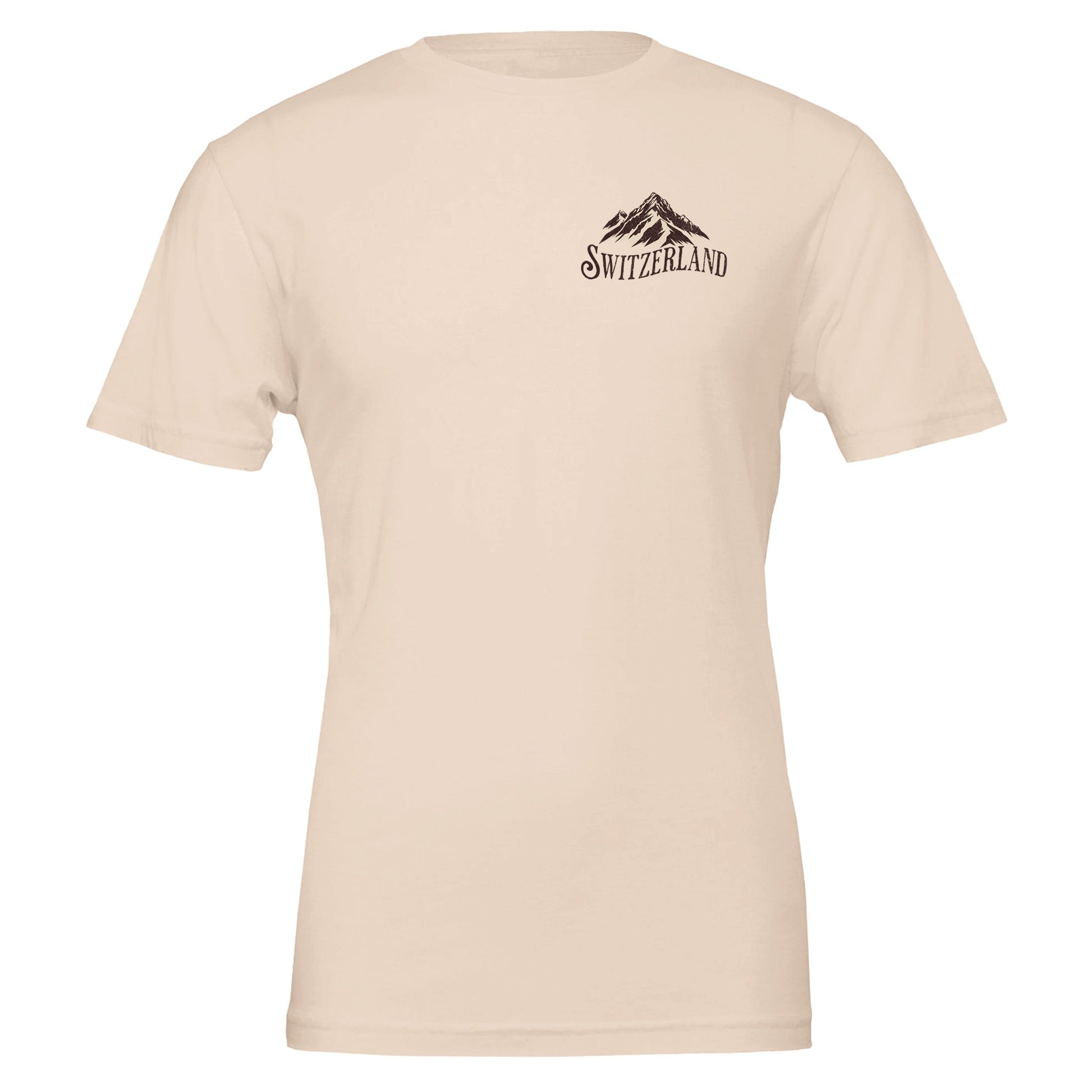 Switzerland mountain T-shirt front design with Swiss Alps graphic