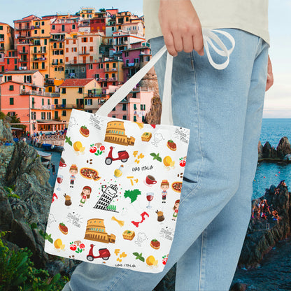 Italian iconic Symbols Tote Bag adorned with pizza, Coliseum, coffee & more