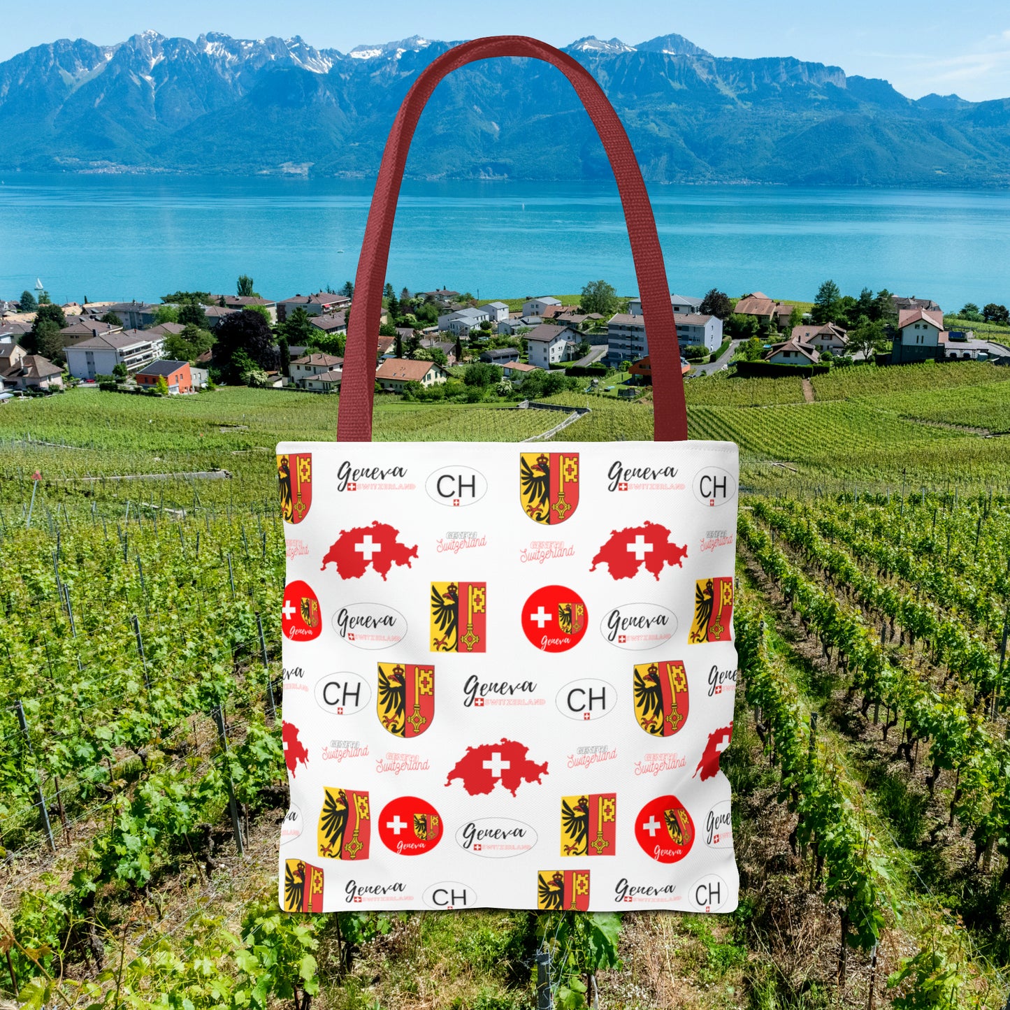 Swiss Splendor Tote: Geneva Coat of Arms, Flag, and Map Pattern