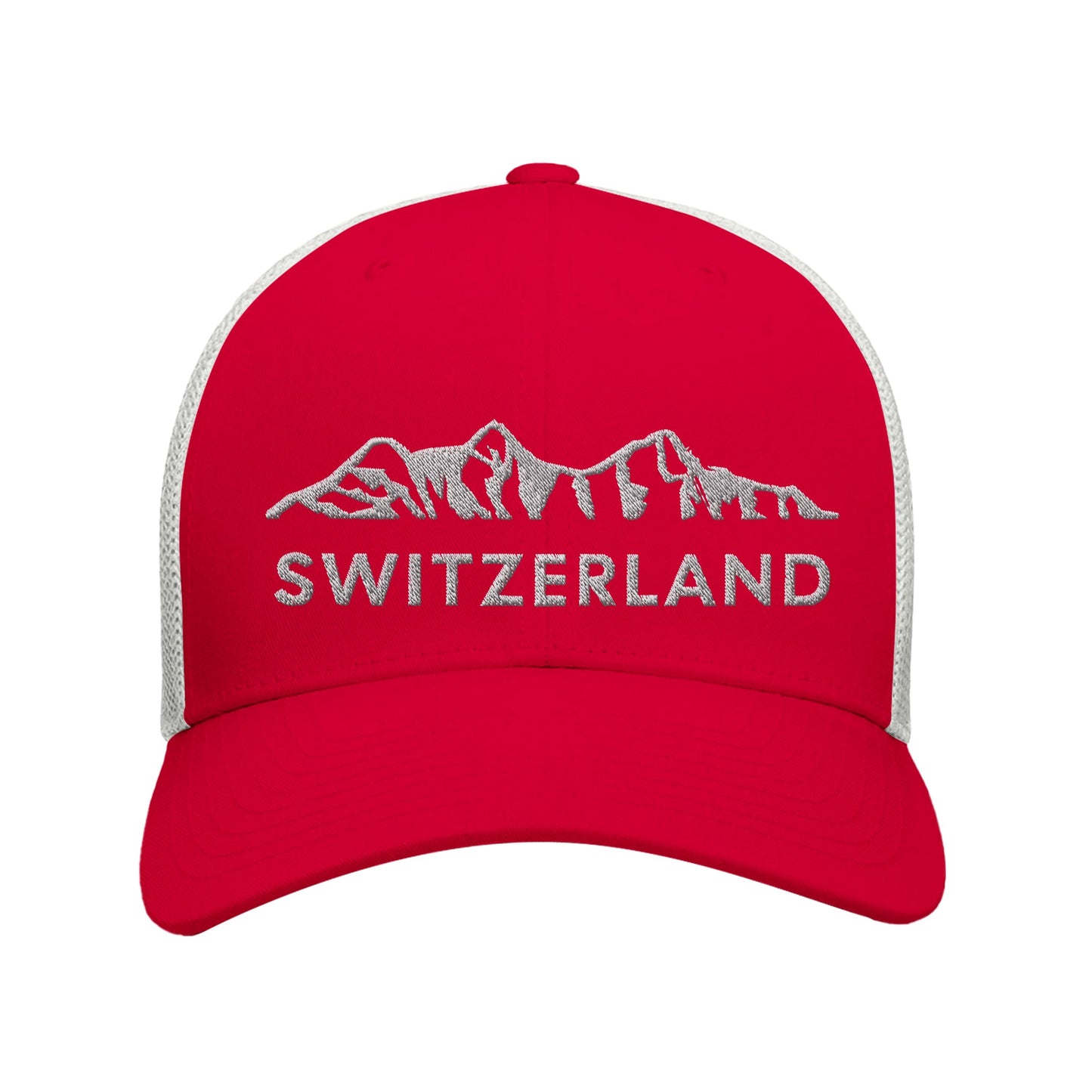 Stylish embroidered Swiss Alps cap offering sun protection and comfort, great for outdoor adventures or as a Swiss memento. Red