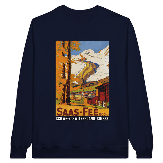 Saas-Fee Vintage Travel Sweatshirt featuring a retro travel poster of the village of Saas-Fee with the Alps in the background