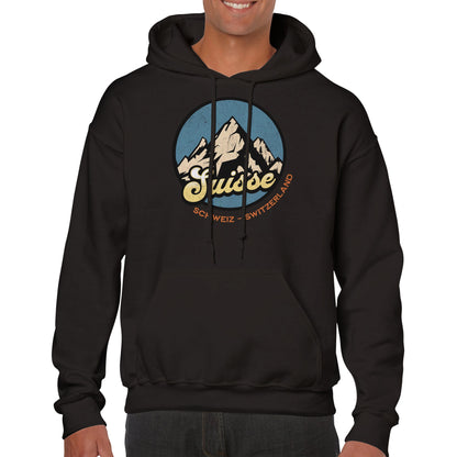 Embrace Swiss Serenity: Retro Minimalistic Mountain 'Suisse - Schweiz - Switzerland' Hoodie